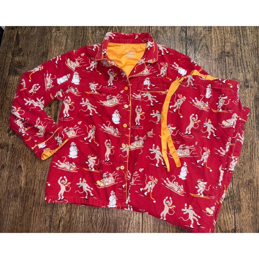 Nick Nora Red Flannel Pajamas Sock Monkeys Winter Sports Sled Ski Skate Medium